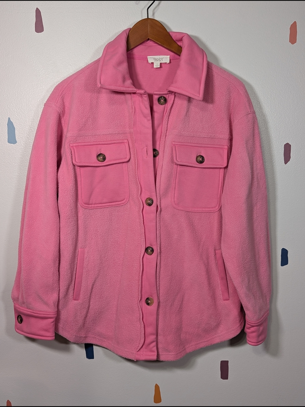 ODDY Pink Fleece Button Front Oversized Shacket